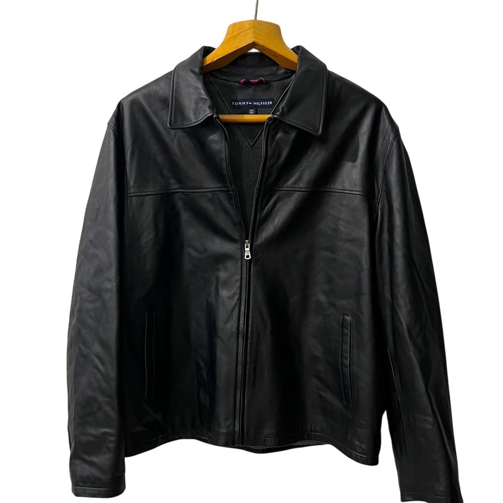 Tommy Hilfiger Black Leather Jacket Men's‎ 2XLT Zip Front Tall
